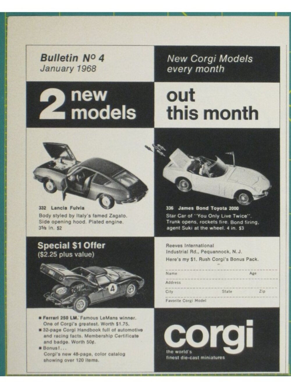 Print Ad Corgi Die-Cast Models Lancia Fulvia James Bond Toyota Cars 1968 AD Kits